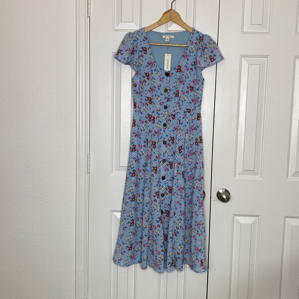 FRANCESCA’S MIAMI BRAND MIDI LENGTH FLORAL BUTTON FRONT DRESS. SIZE: XS
